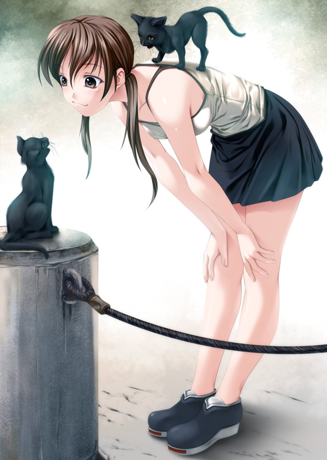 аниме картинка девочка и две кошки